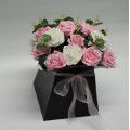 Pink and White Roses Bouquet in Black Gift Box finished with Organza Ribbon